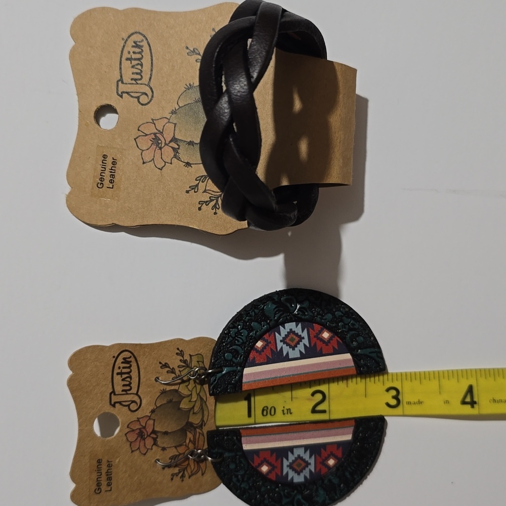NWT Justin Genuine Tooled Leather Half Moon Aztec Earrings And Braided  Braclet